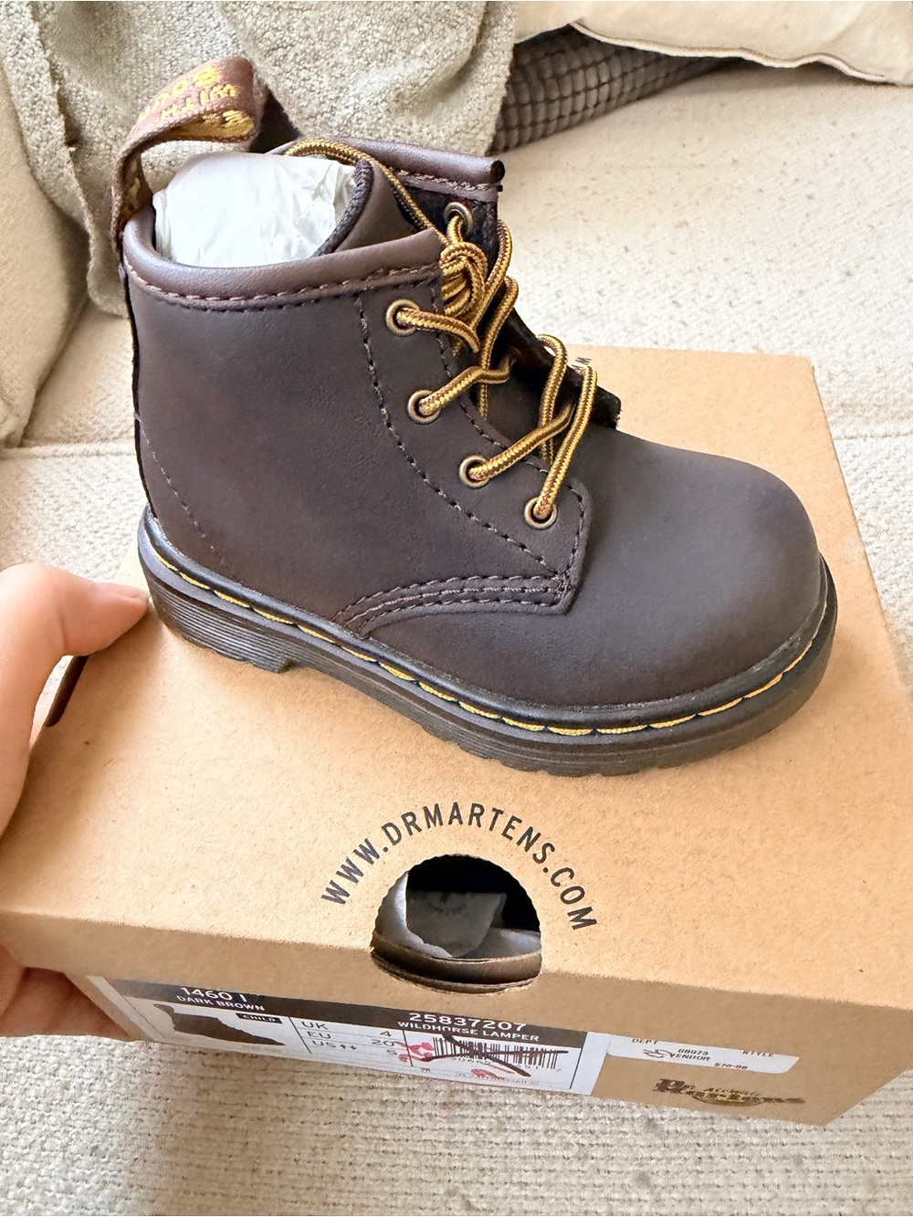 Dr. Martens Kids Dark Brown Leather Lace-Up Boot with Yellow Stitching
